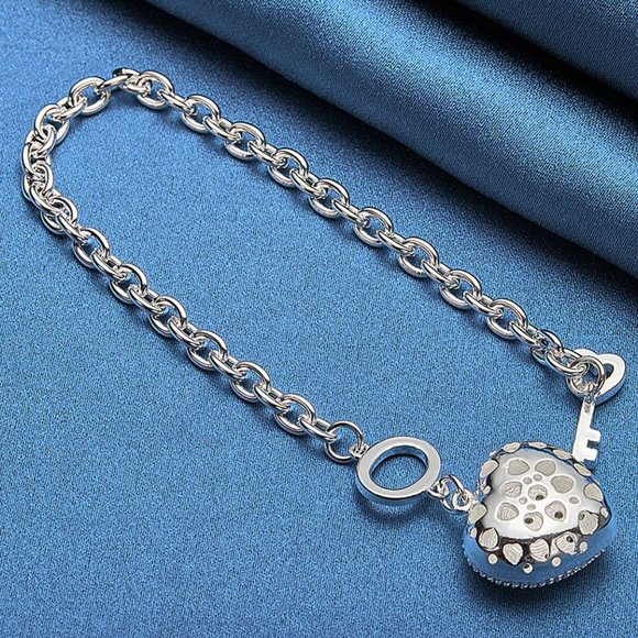 Toggle Key w/ Hollowed Heart Pendant Bracelet Stamped Solid Sterling Silver - Picture 4 of 6